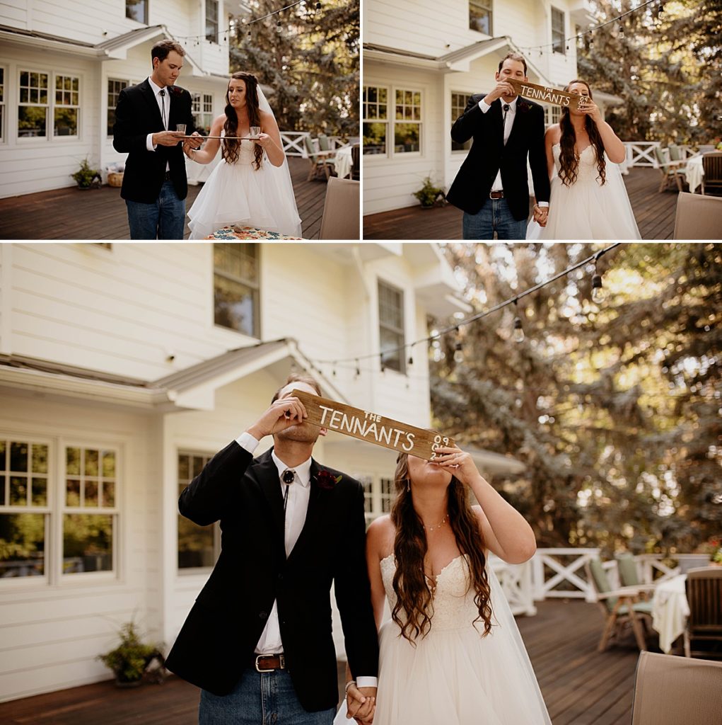 couple taking shots during their wedding day in their backyard