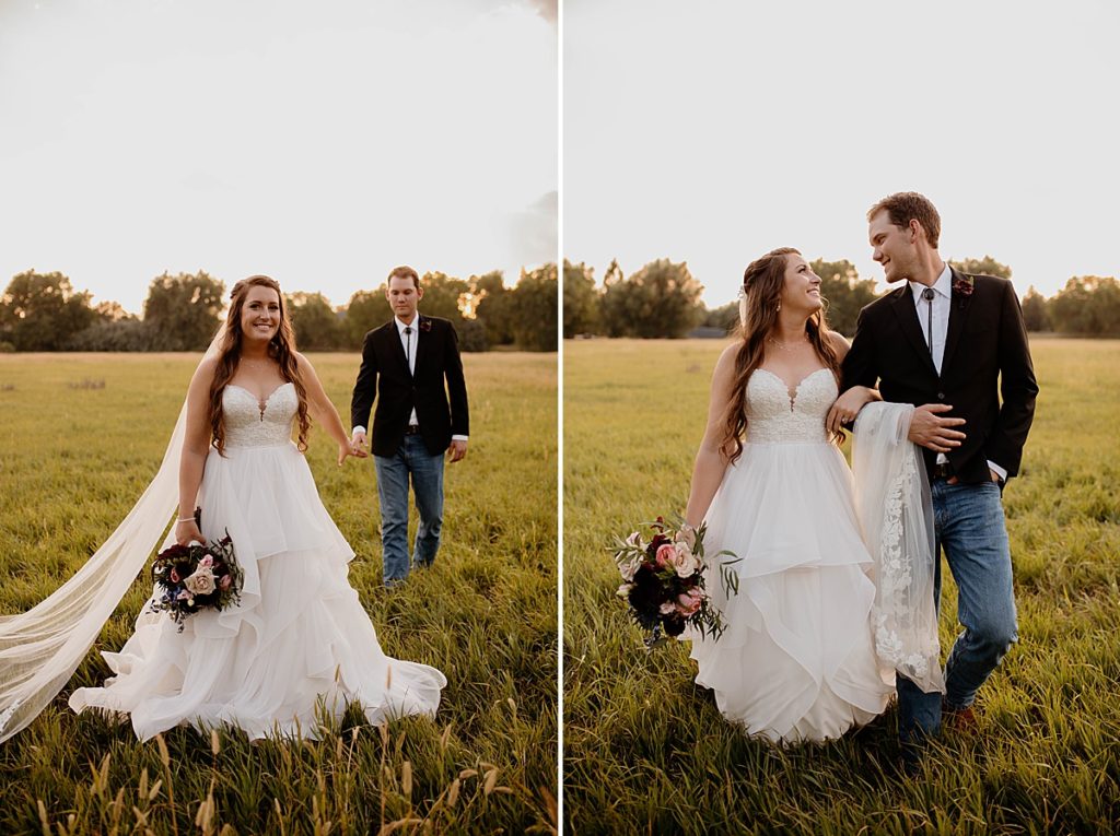 bride and groom photos in field during sunset