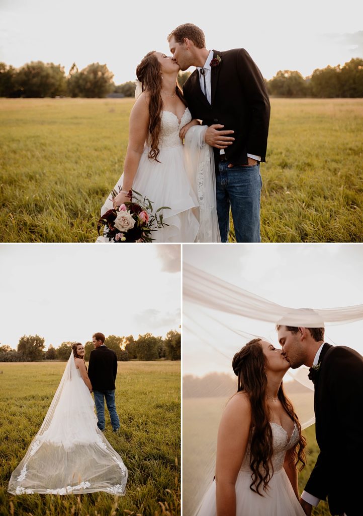 bride and groom photos at sunset under veil and kissing