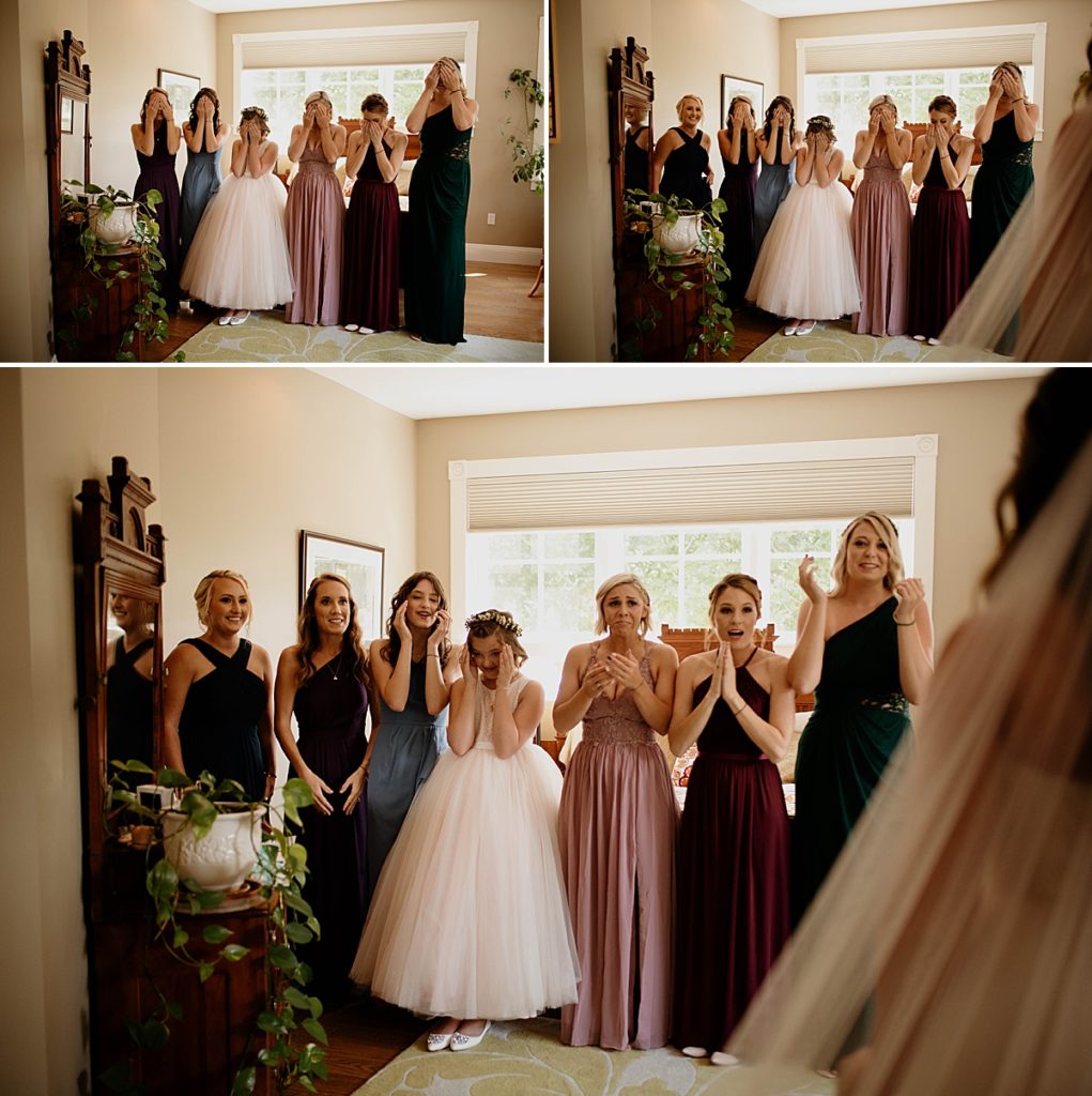 bridal party and bridesmaids reaction photos to bride